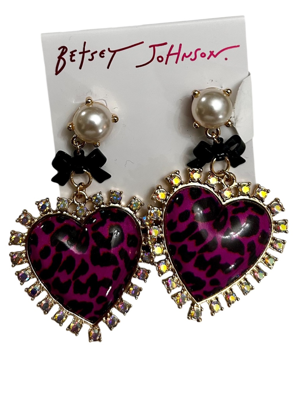 Betsey Johnson Pink Leopard Heart Drop Earrings with Pearl and Black Bow